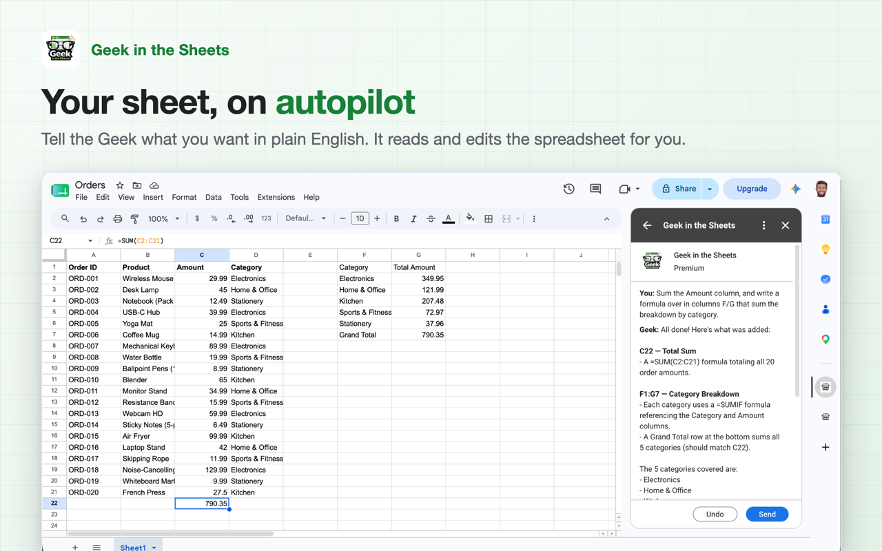 Geek in the Sheets AI chat sidebar responding to a plain-English request and editing a Google Sheets spreadsheet in real time