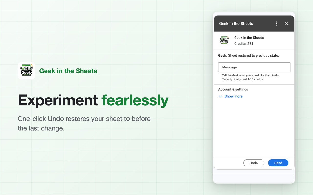 One-click Undo button inside Geek in the Sheets restoring a Google Sheets spreadsheet to its state before the last AI change