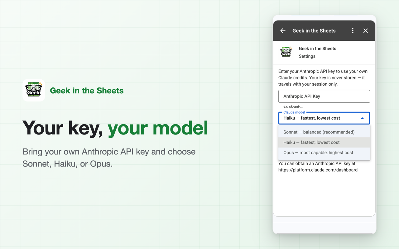 Geek in the Sheets Premium settings panel for entering an Anthropic API key and selecting a Claude model (Sonnet, Haiku, or Opus)